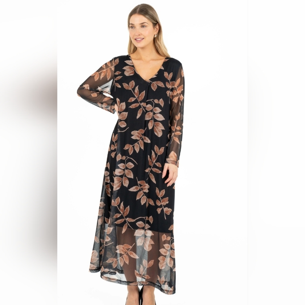 NWT M Made In Italy Autumn Knit Maxi Dress: Black Branches: Size- Large